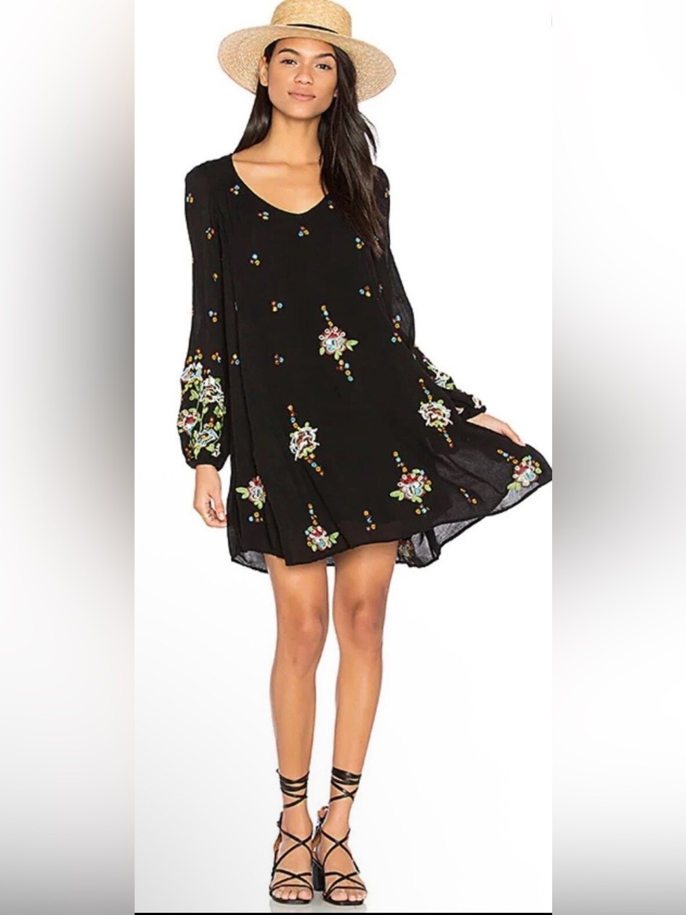 Free People Black Oxford Embroidered Lined Boho Shift Dress Size Medium